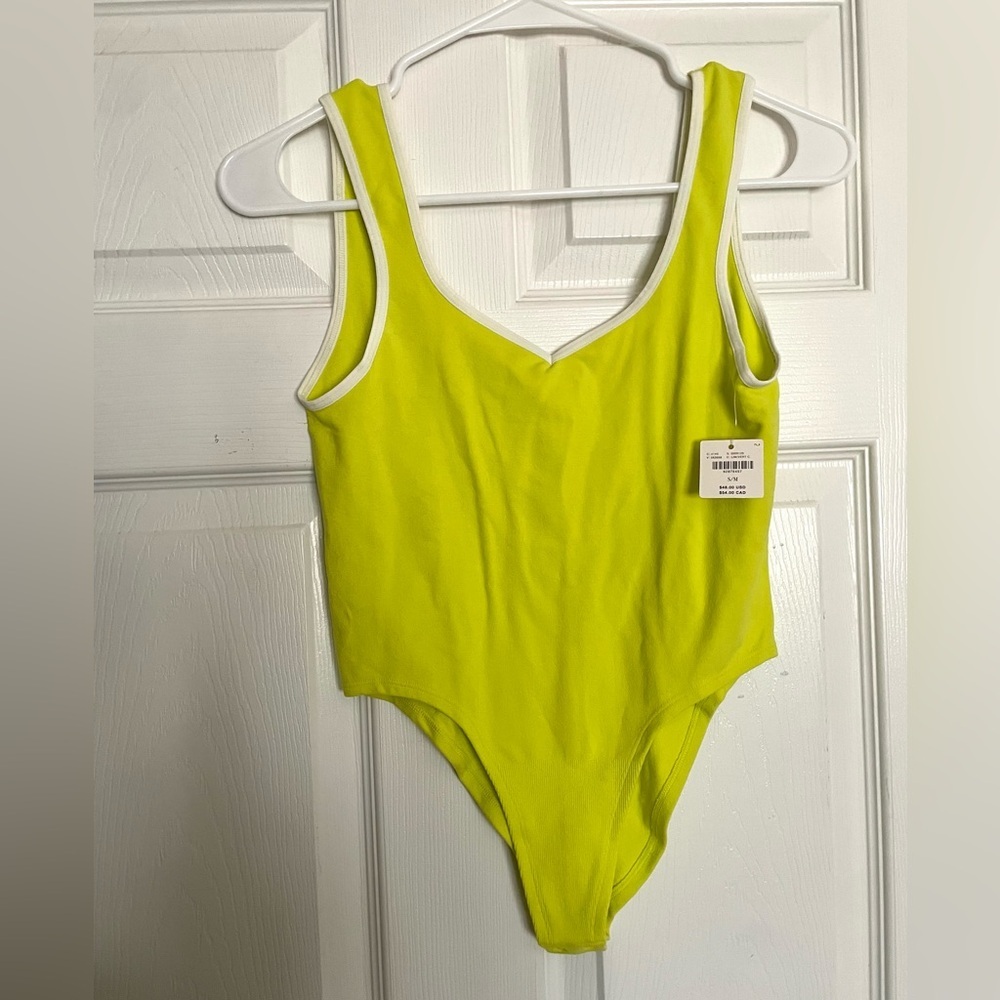 NWT Anthropologie Neon Yellow One-Piece Bodysuit with White Trim